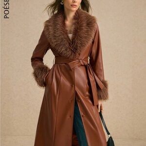Brown Faux Fur Trimmed Long Trench Coat